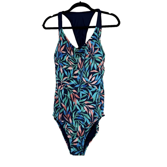 Lands End Womens Swimsuit One Piece V Neck Halter Size 14 Blue Leaf - Picture 1 of 6